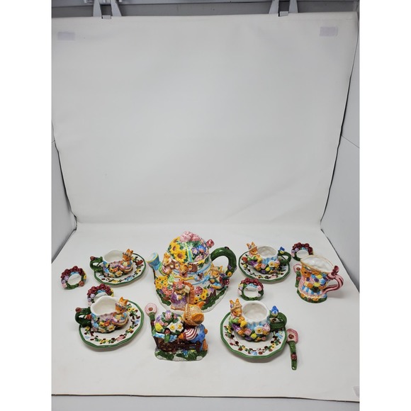 Springtime Tea Set 19pc Set New Open Box Rabbits Bunny Working Set - Picture 14 of 14